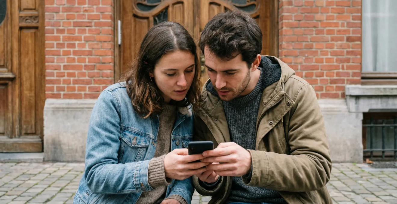 Étudiants comparant des annonces de kots sur smartphone devant une façade bruxelloise
