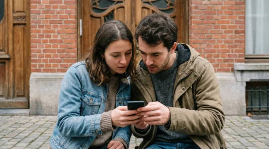 Étudiants comparant des annonces de kots sur smartphone devant une façade bruxelloise