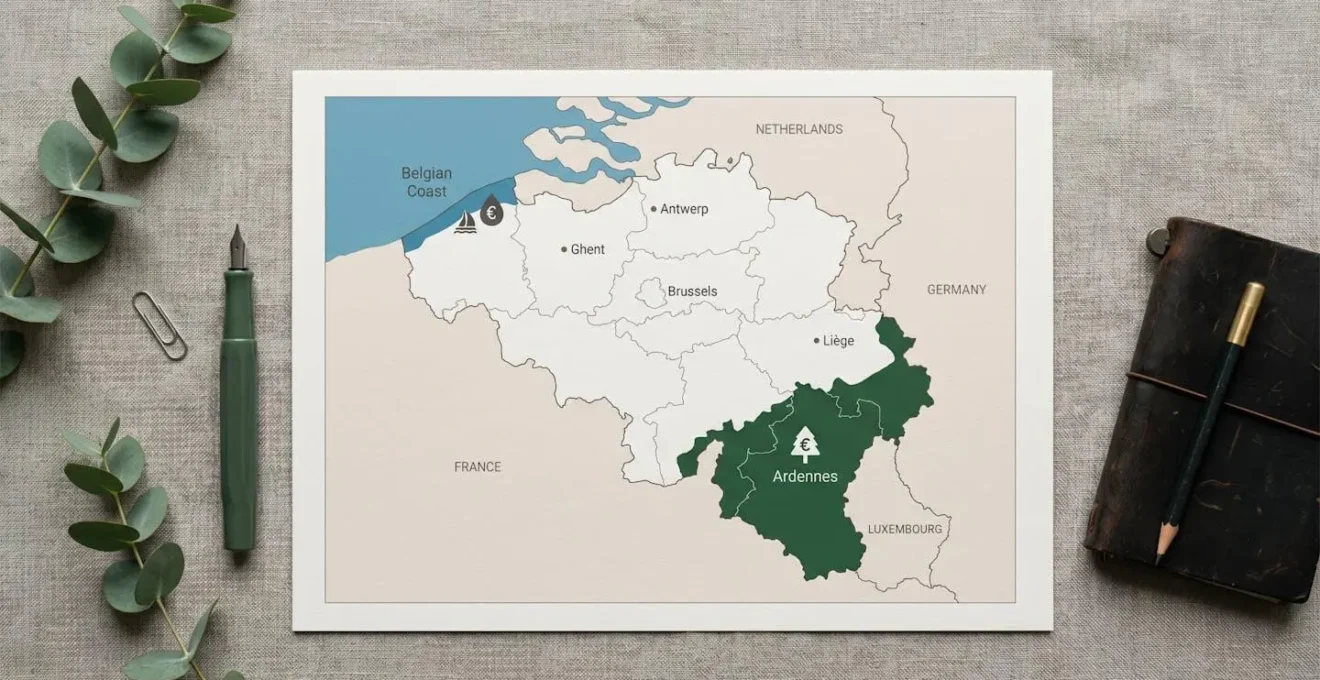 Carte illustrative de la Belgique montrant la répartition des prix immobiliers entre les Ardennes et la Côte belge